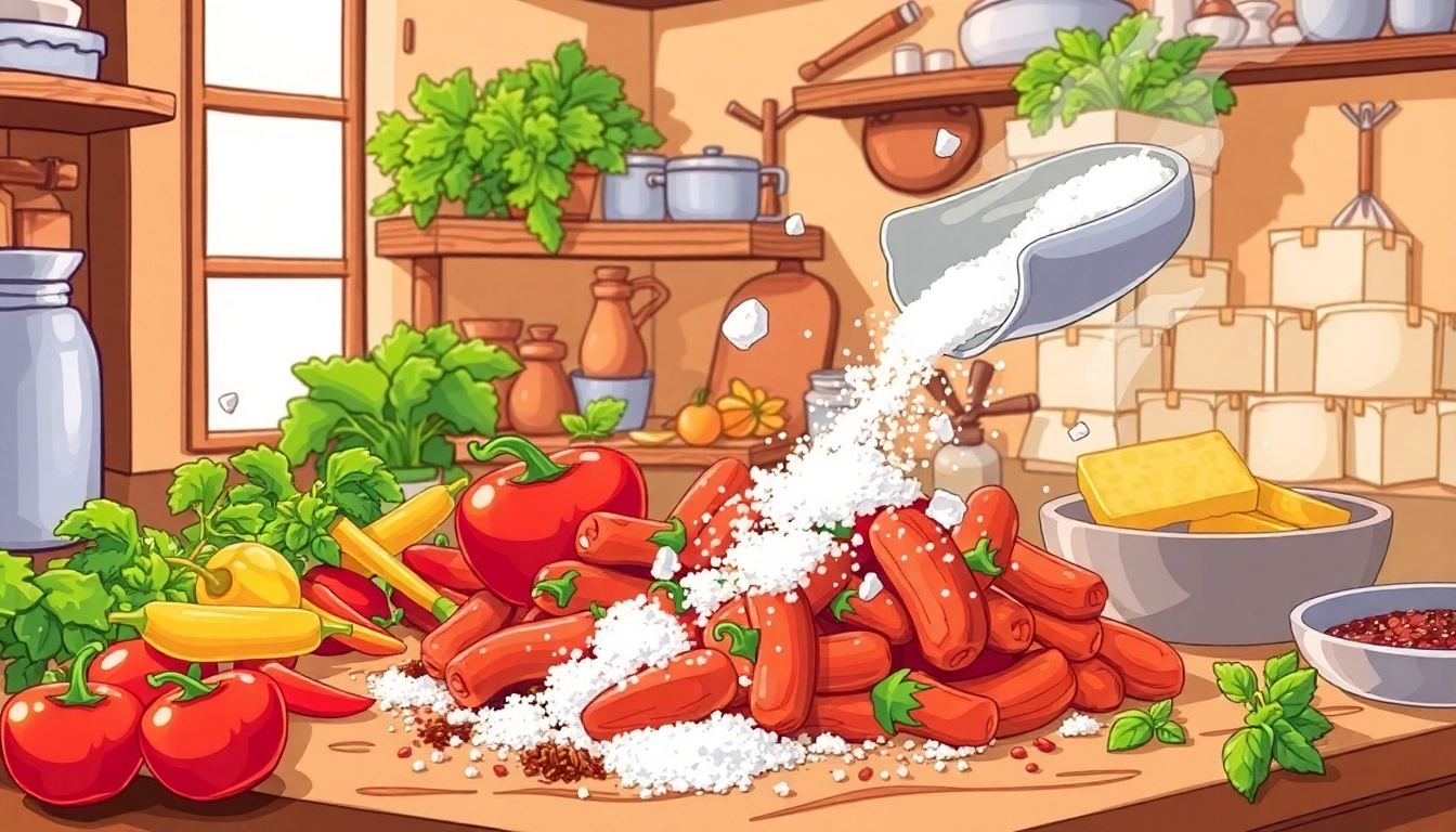 Salting fresh vegetables in a rustic kitchen, emphasizing traditional food preservation techniques.