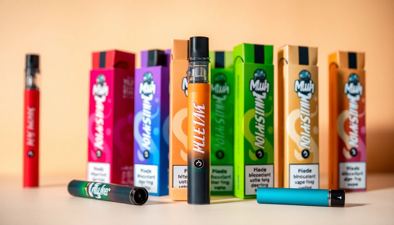 Showcasing Muha Meds Disposable Vapes with vibrant packaging colors and designs arranged artistically.