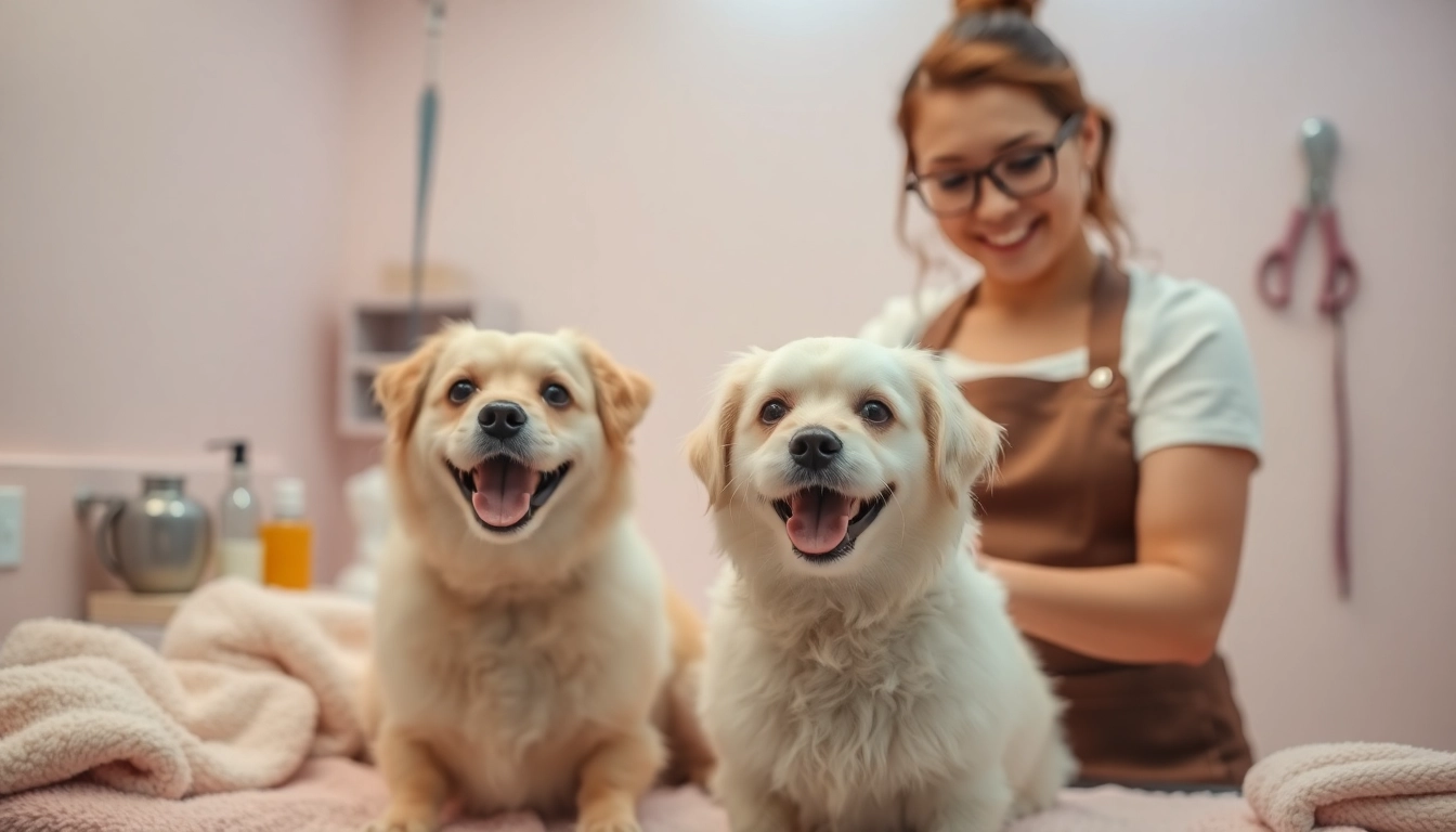 Pamper your pet with a calming spa experience featuring a happy dog and a gentle groomer.