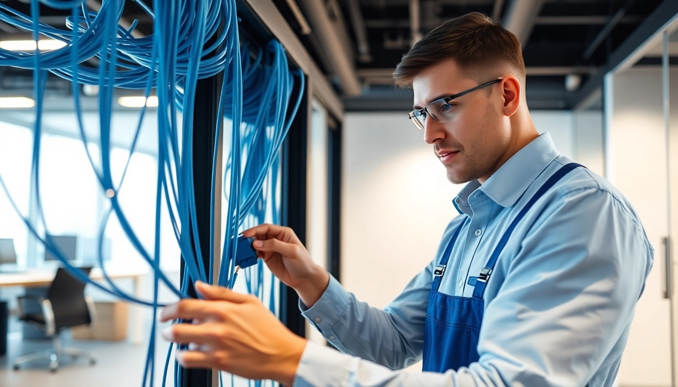 Expert technician performing Data Cable Installation service with organized cables in a modern office space.