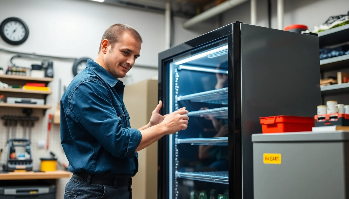 Technician performing beverage cooler repair in a bright workshop with tools.