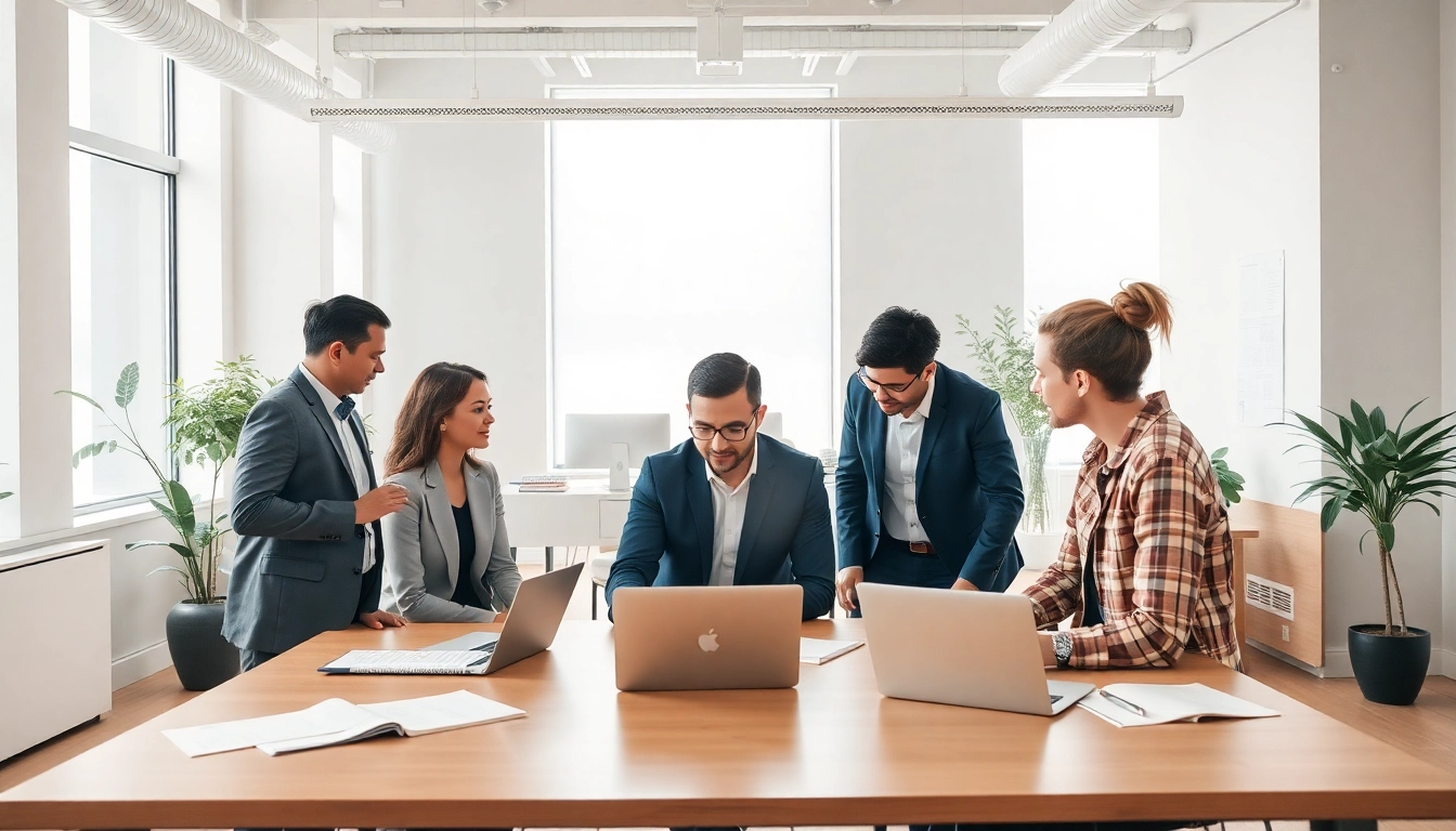 Outsourcing strategies being discussed in a bright modern office by diverse professionals.