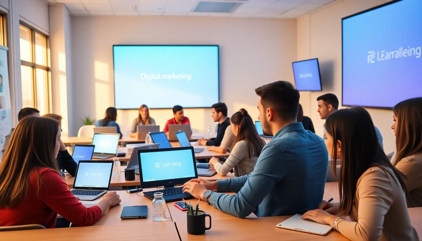 Students engaging in a digital marketing classroom at the Digital Marketing Institute Cyprus, showcasing interactive learning.