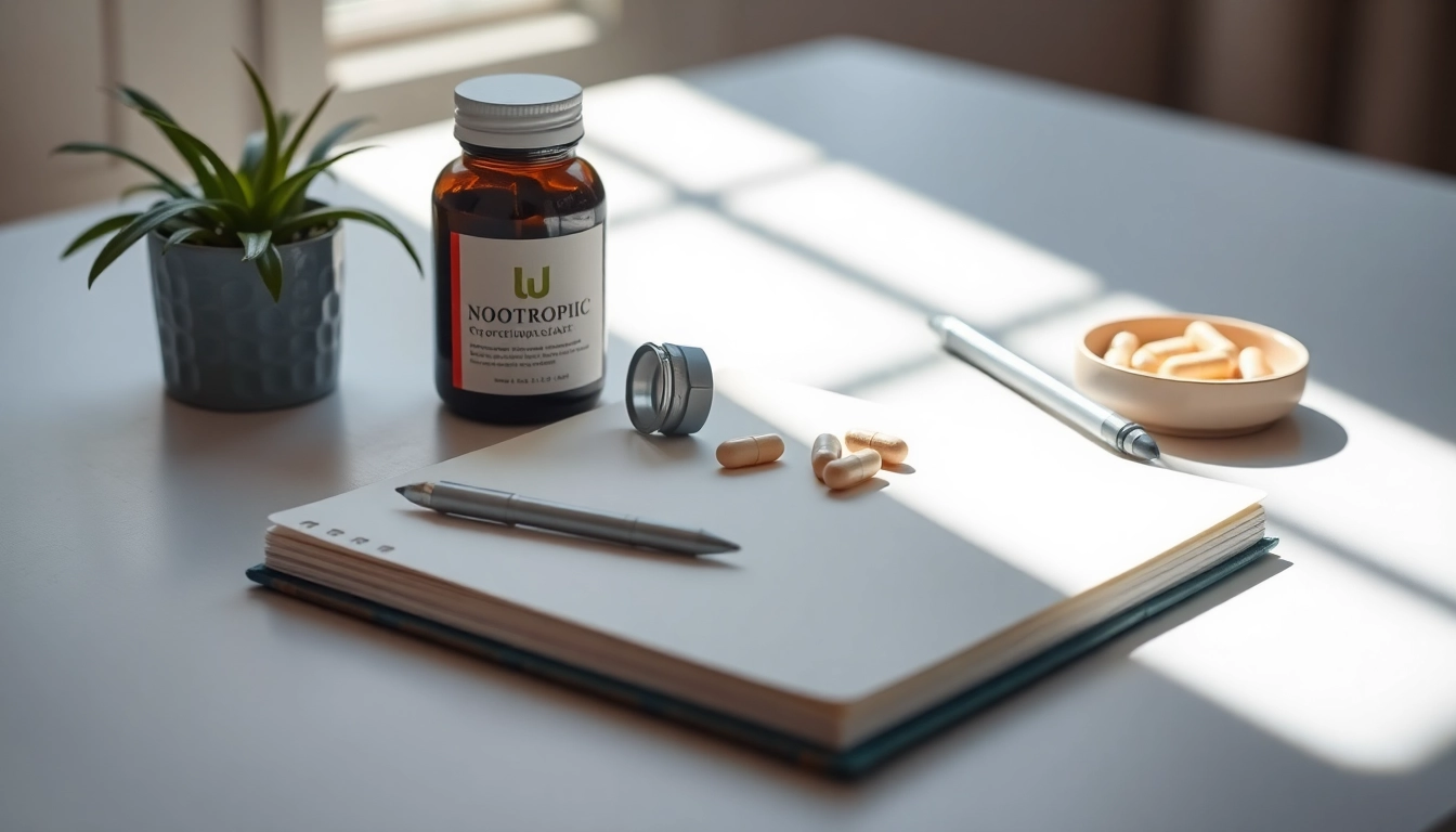 Engage with nootropics on a desk alongside a notebook, enhancing focus and creativity.